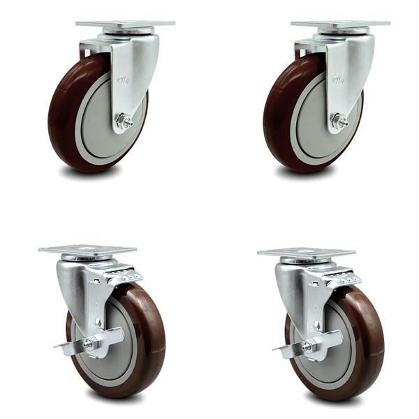 5 Inch Maroon Polyurethane Wheel Swivel Top Plate Caster Set with 2 Brakes SCC